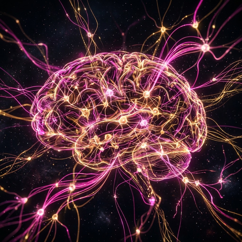 Abstract AI neural network visualization with glowing forms