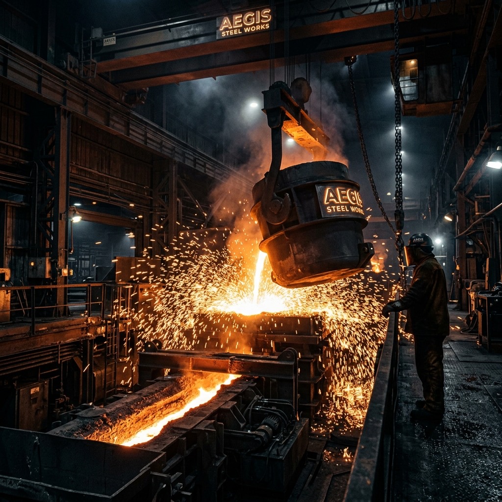 High-contrast cinematic shot of molten steel