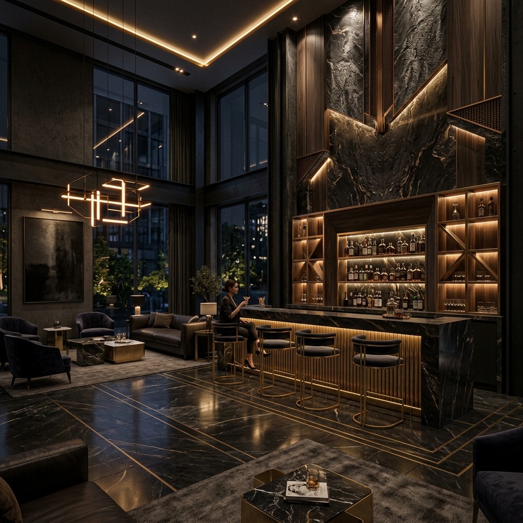 Photoreal 8K architectural render with dark luxury aesthetic