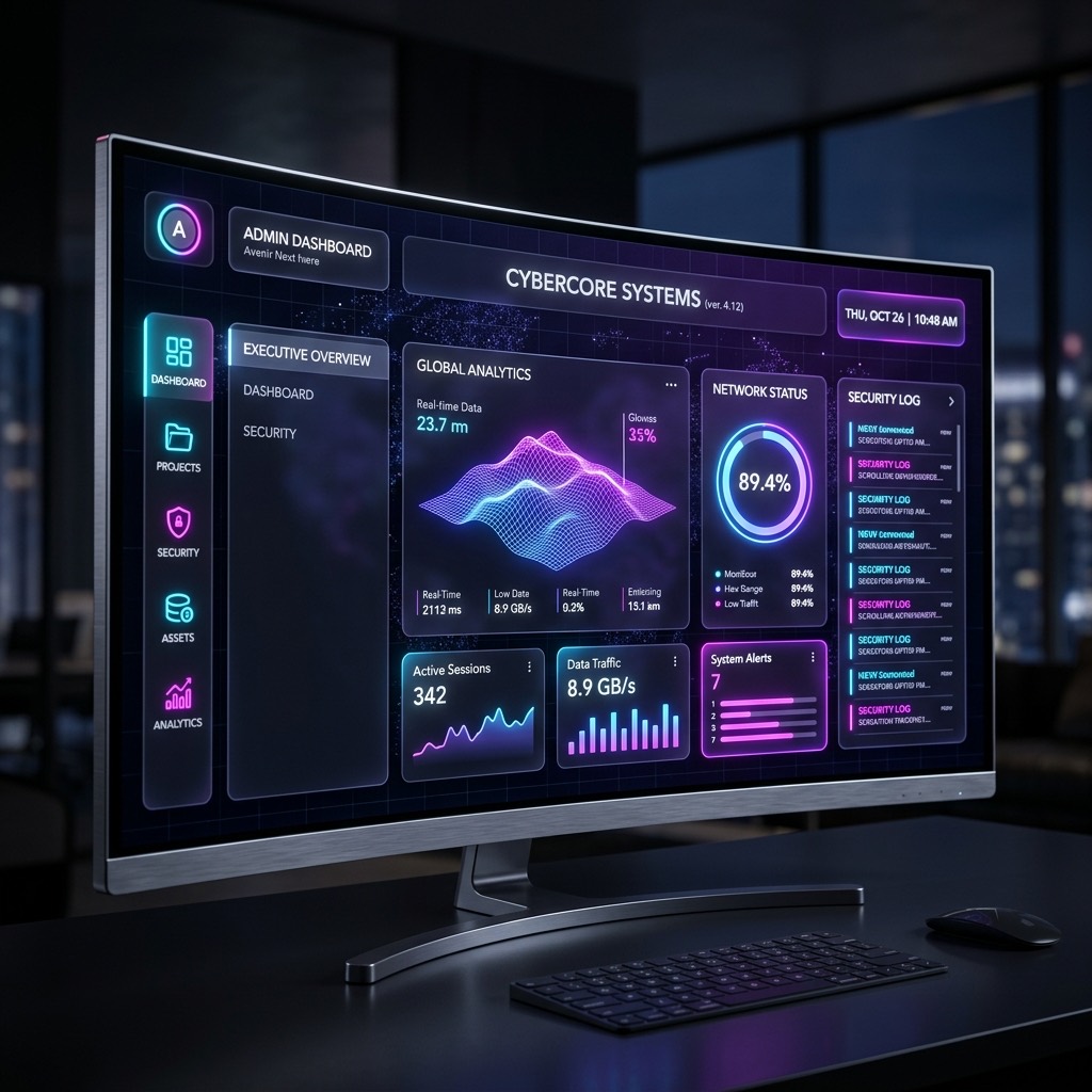 Luxury SaaS platform interface with 3D data visualization