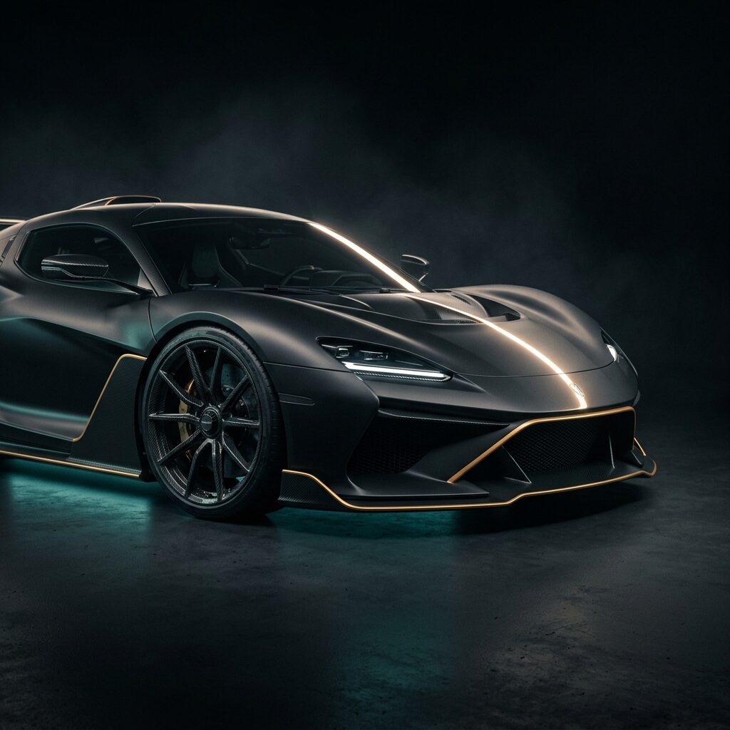Photoreal render of a matte charcoal concept hypercar with teal underglow