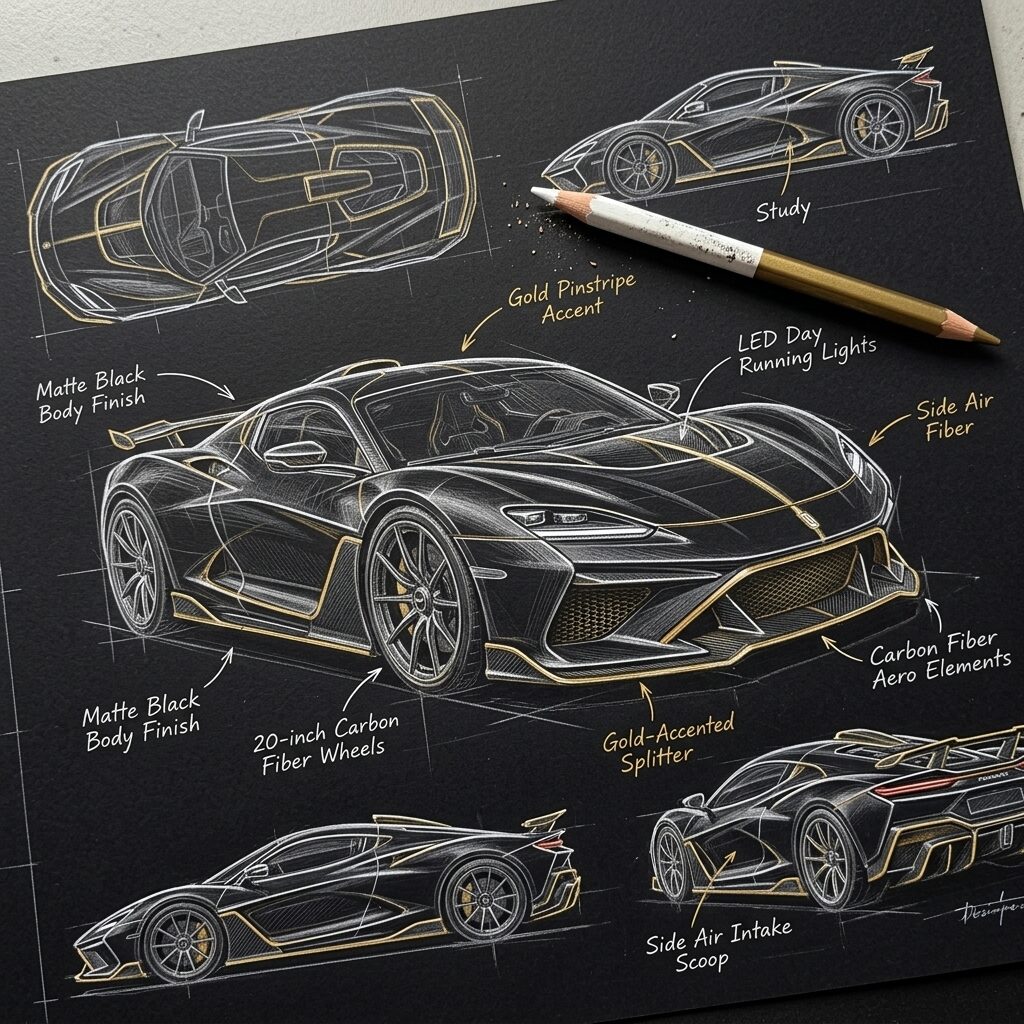 Concept sketch of a hypercar front detail on black paper