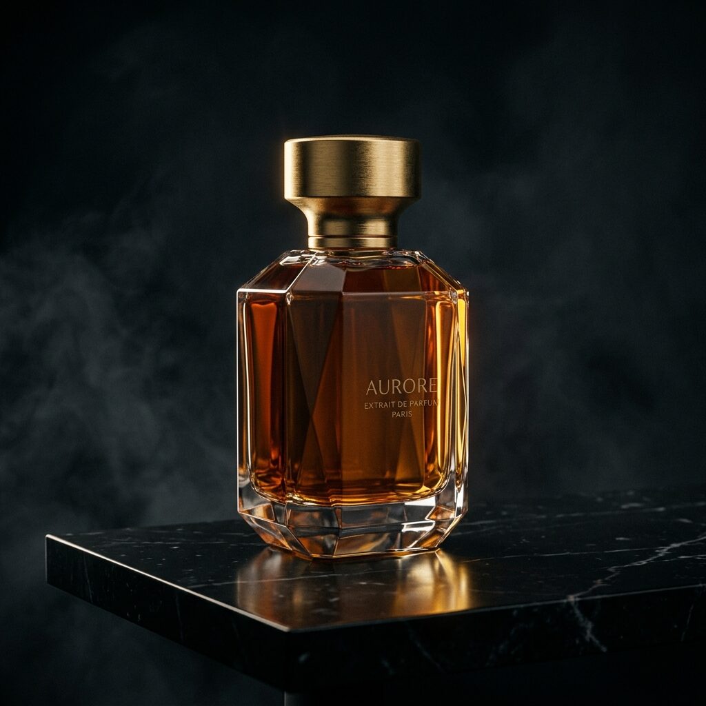 Photoreal render of a faceted glass perfume bottle with gold cap