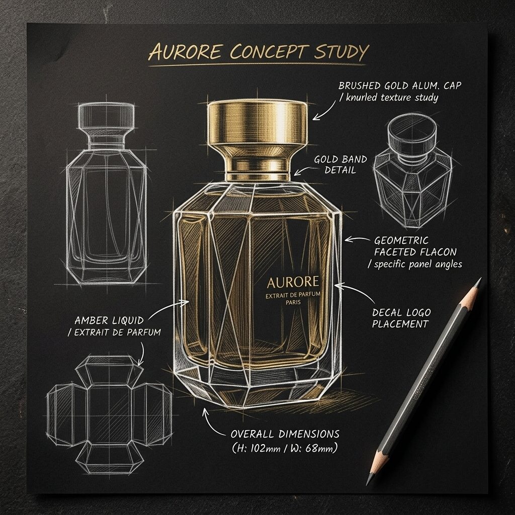Designer's concept sketch of a faceted perfume bottle on black paper
