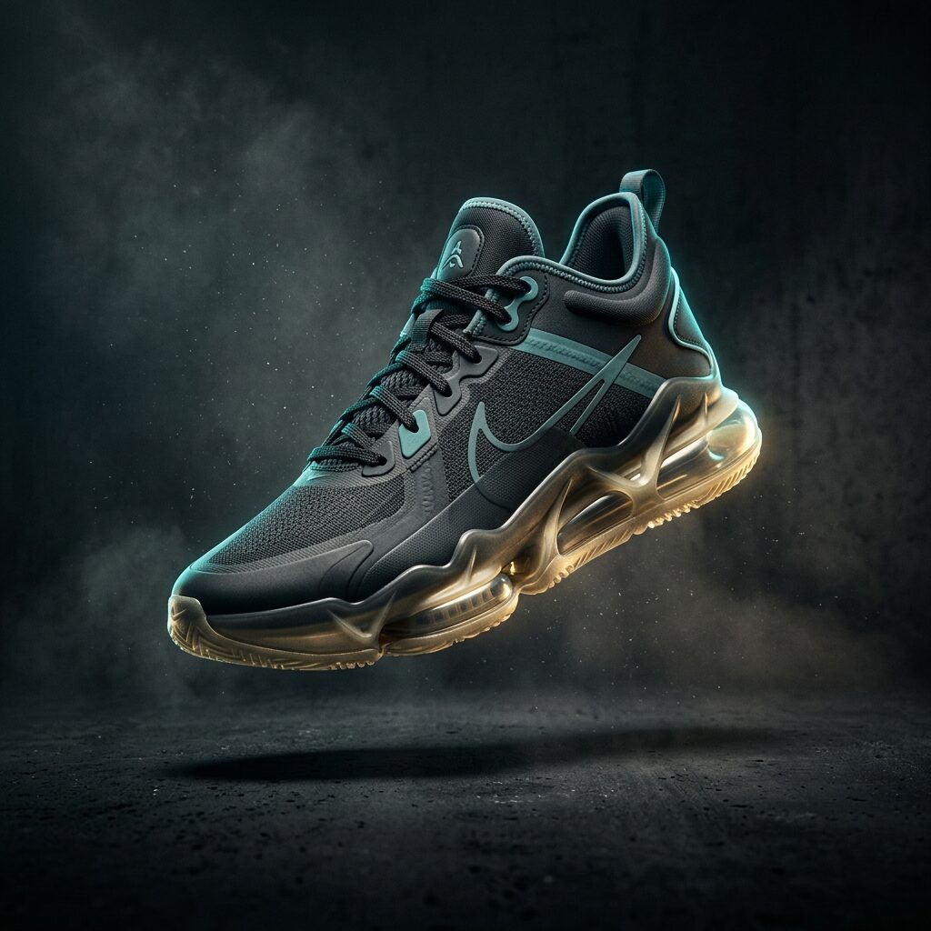Photoreal render of a matte black sneaker with teal accents and translucent gold sole