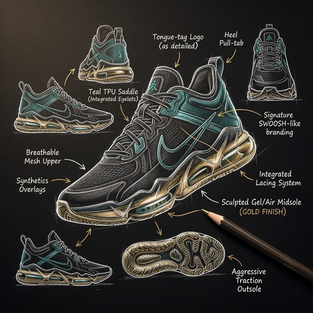 Concept sketch of a futuristic performance sneaker with annotations