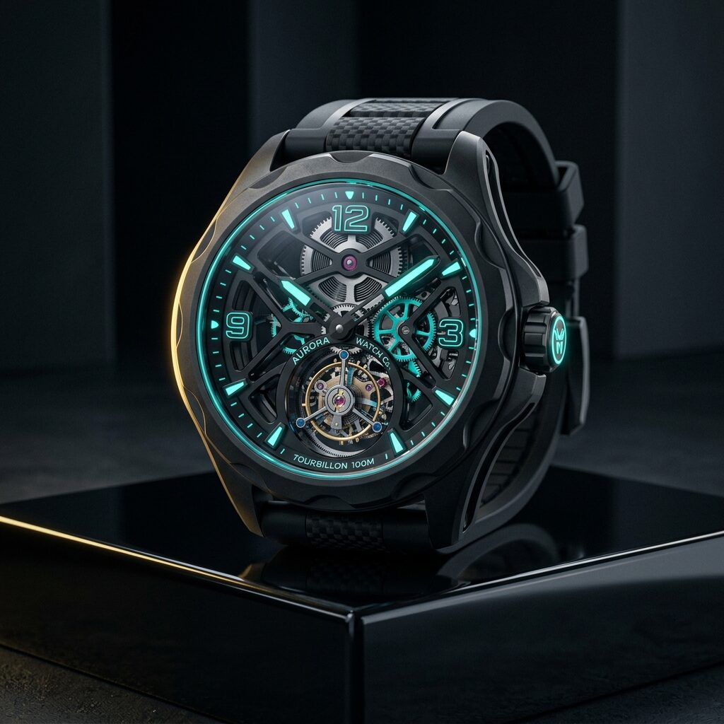 Photoreal 3D render of the same tourbillon watch