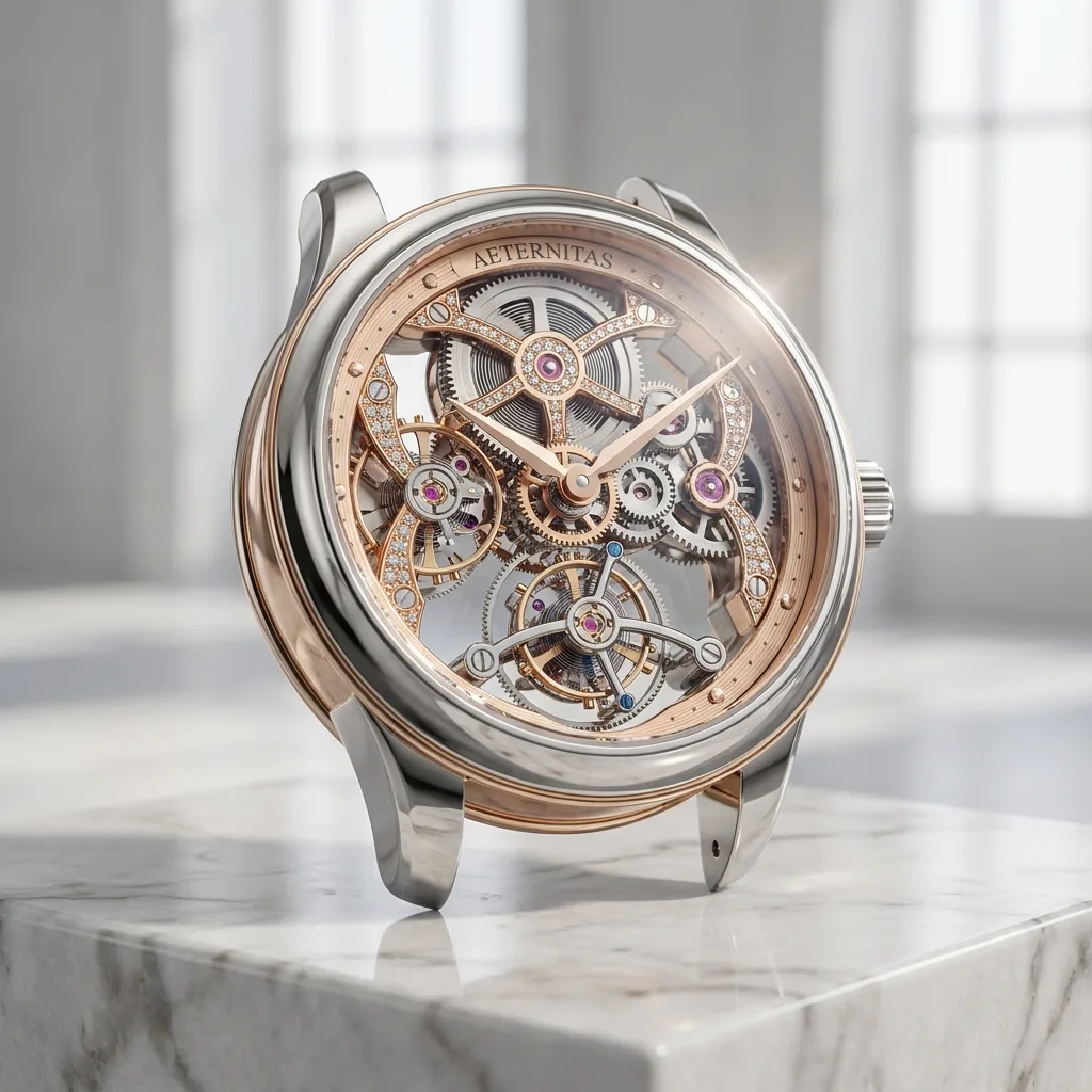 Photoreal 3D render of a skeleton tourbillon watch with teal lume