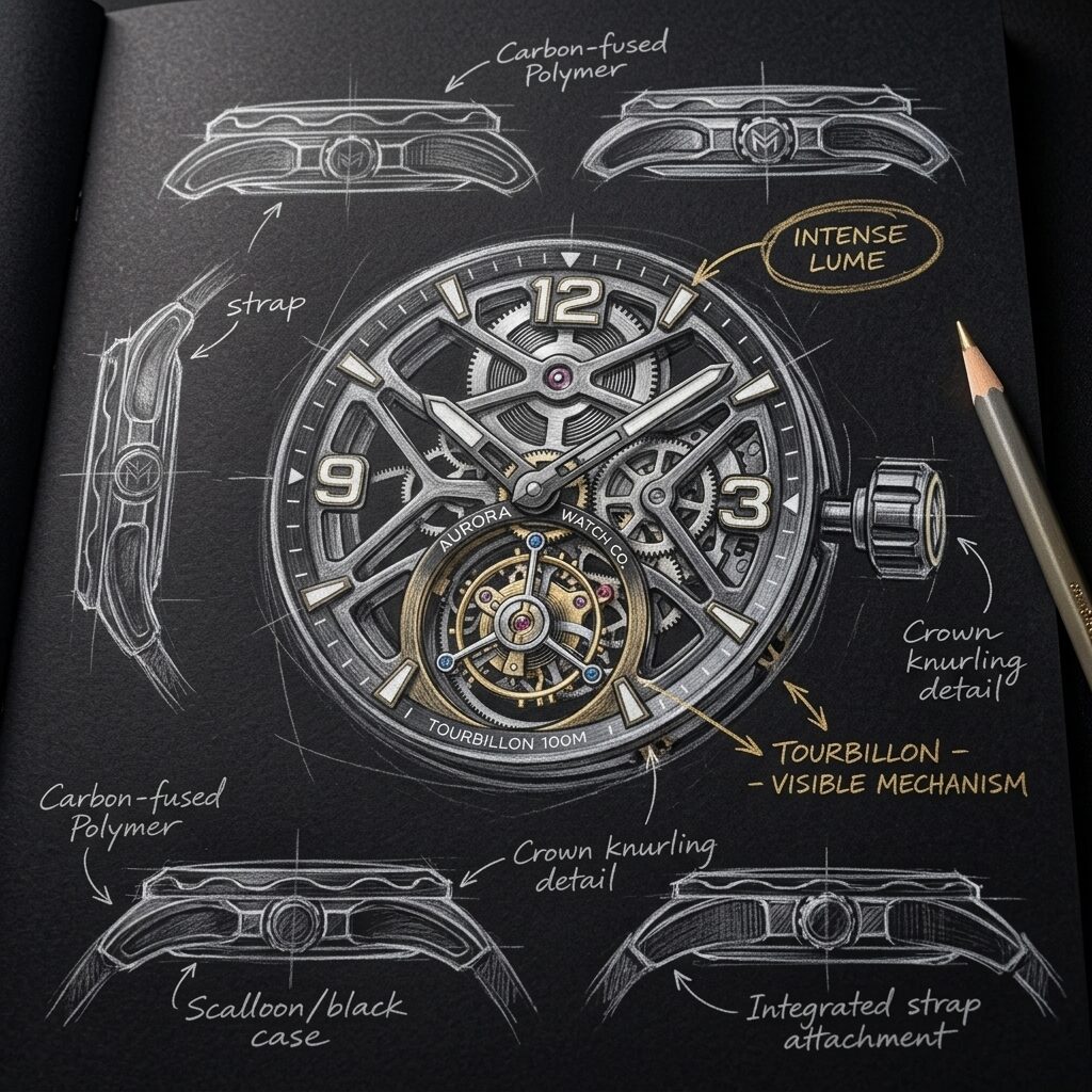 Hand-drawn annotated sketch of a skeleton tourbillon watch