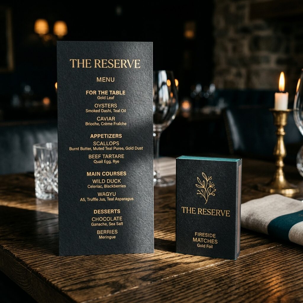 Fine-dining menu and matchbox set in gold foil on black stock