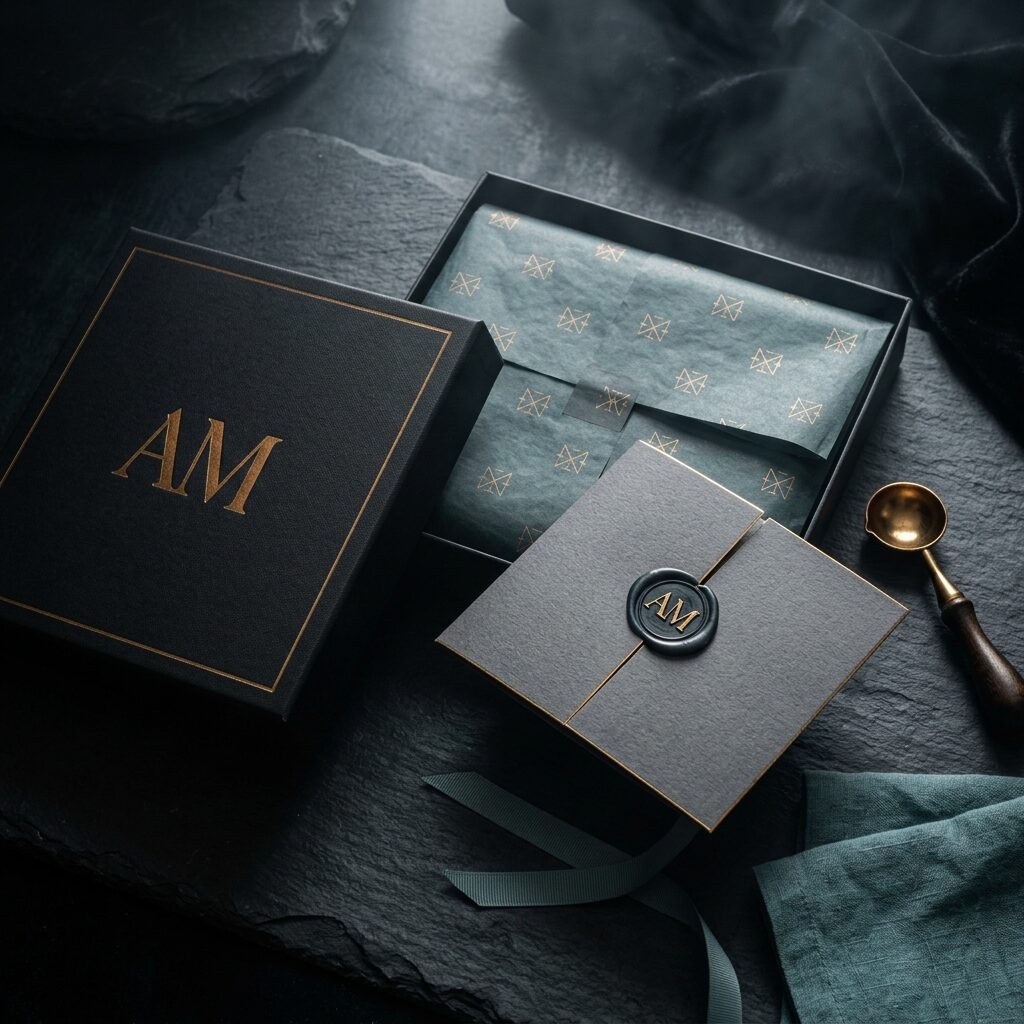 Concept study, rigid box with gold-foil monogram and wax-sealed card