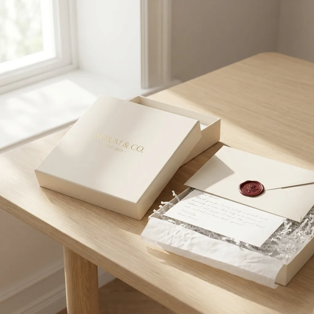 Concept study, rigid box with gold-foil monogram and wax-sealed card