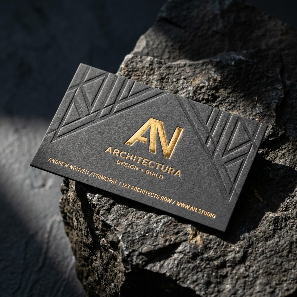 Gold-foil monogram business card with blind deboss on black stock