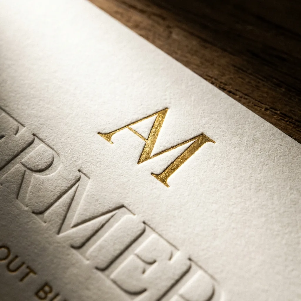 Gold-foil monogram business card on black stock