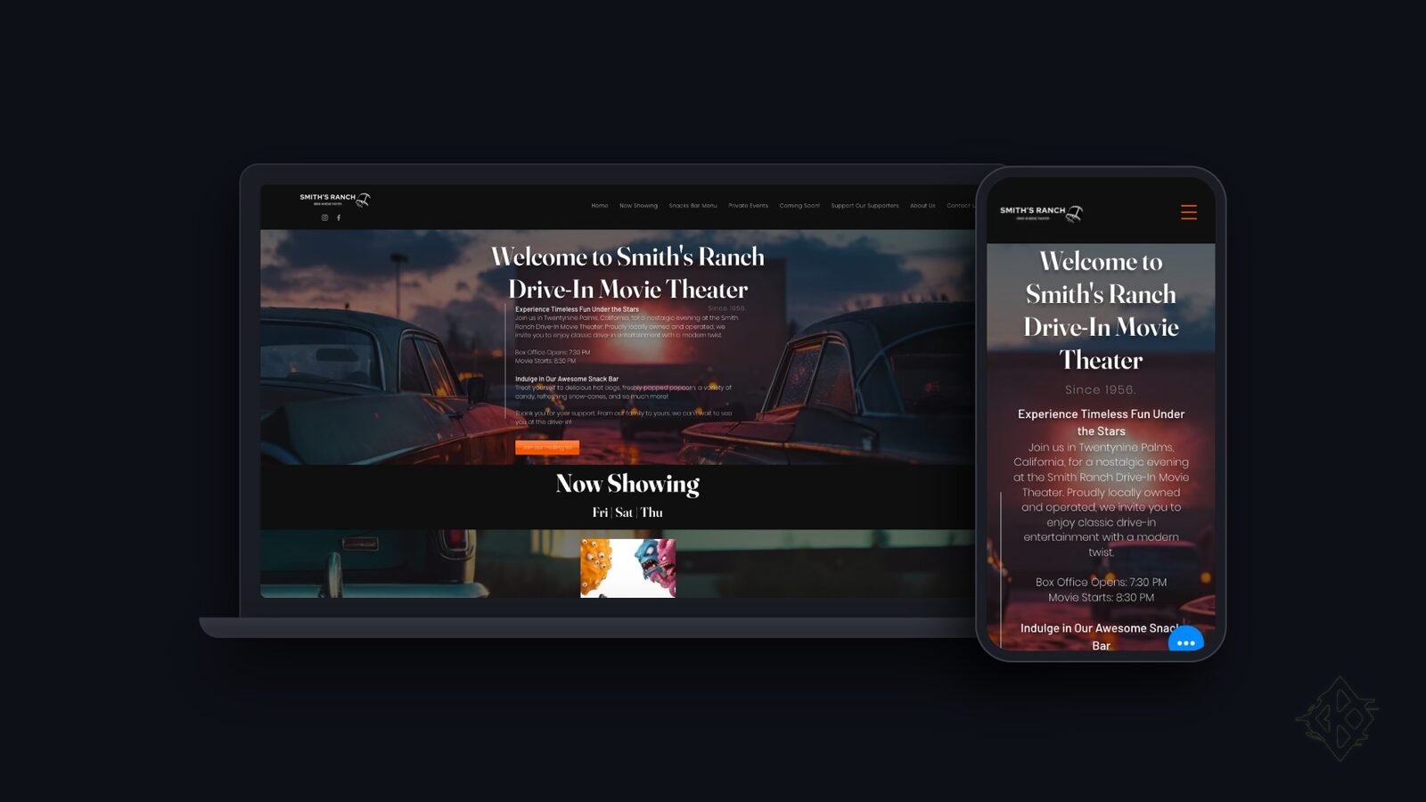 Smith's Ranch Drive-In website presented on a laptop and phone