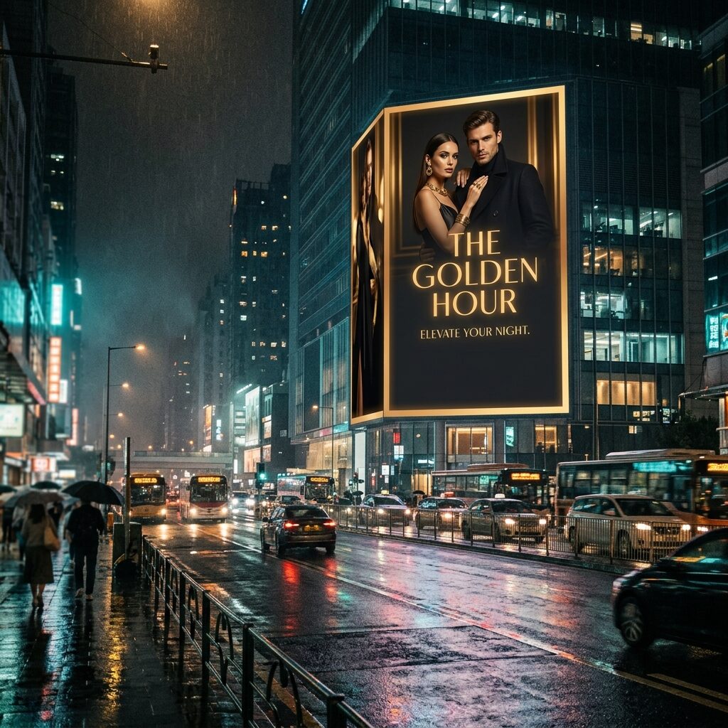 Giant digital billboard glowing over a rain-slicked city street at night