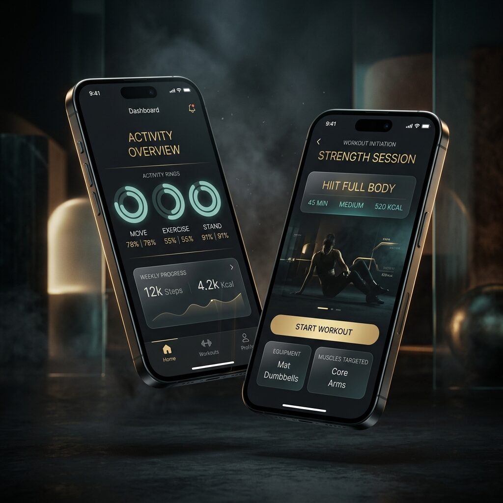 Dark luxury fitness app with teal activity rings on two phones