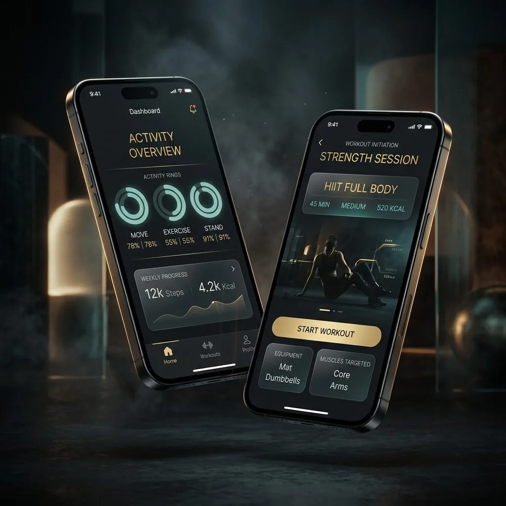 Dark luxury fitness app with teal activity rings on two phones