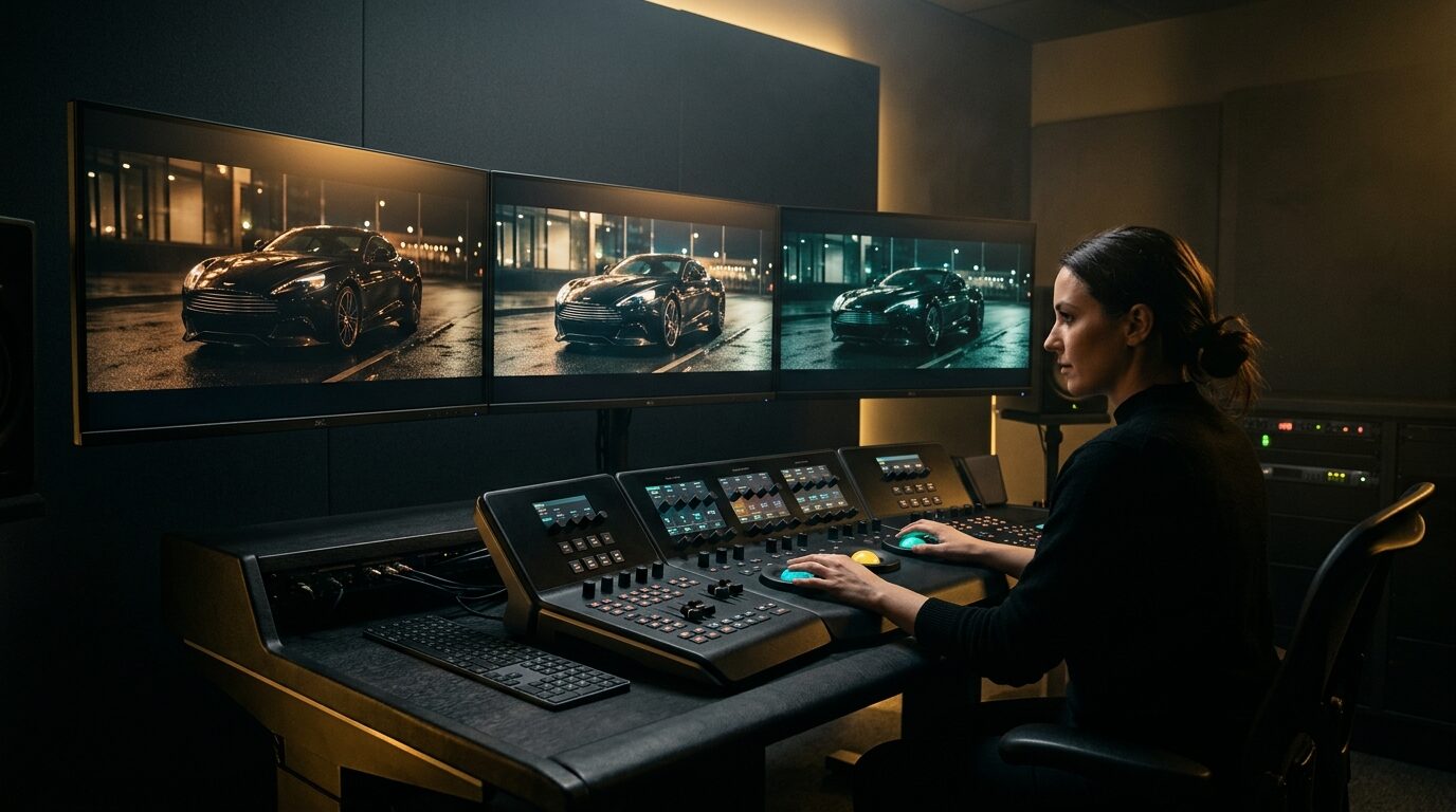 Concept study, a color-grading suite frame with cinematic tones