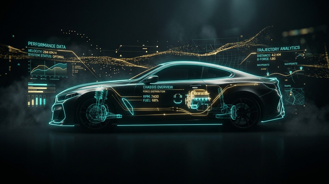 3D motion graphics overlay with holographic teal telemetry on a car silhouette